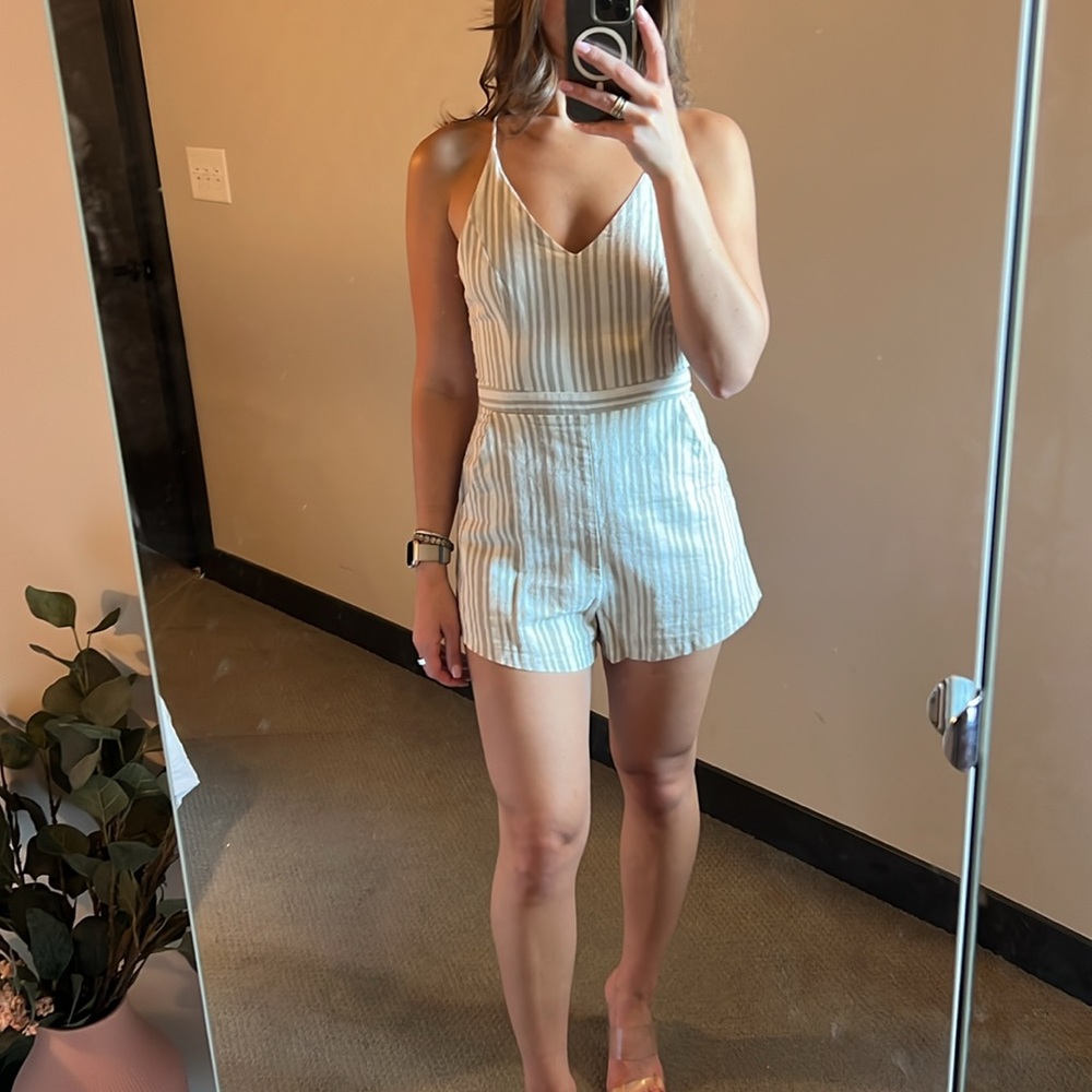 Linen & Cotton Striped Taupe and Cream Women’s Romper